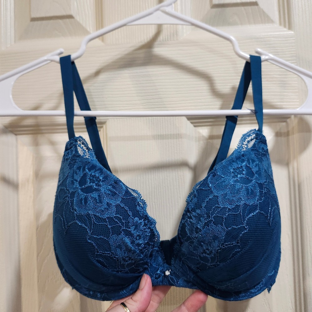 Maidenform Comfort Devotion Lace Padded Push Up Bra Teal Blue 34D 09443